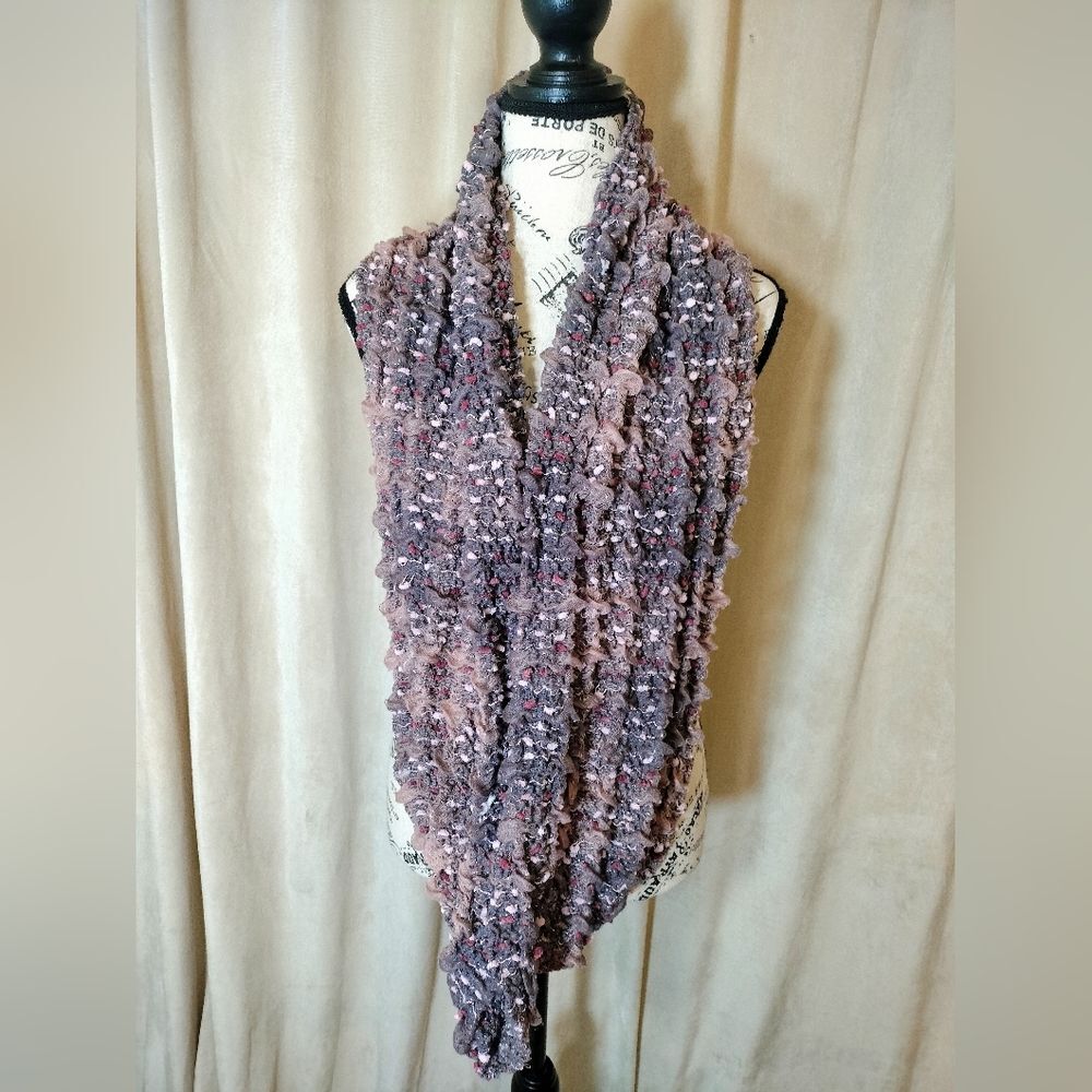 Chic Boucle Scarf Shades of Taupe, Brown & Pink w/Silver Metallic Thread. O/S
